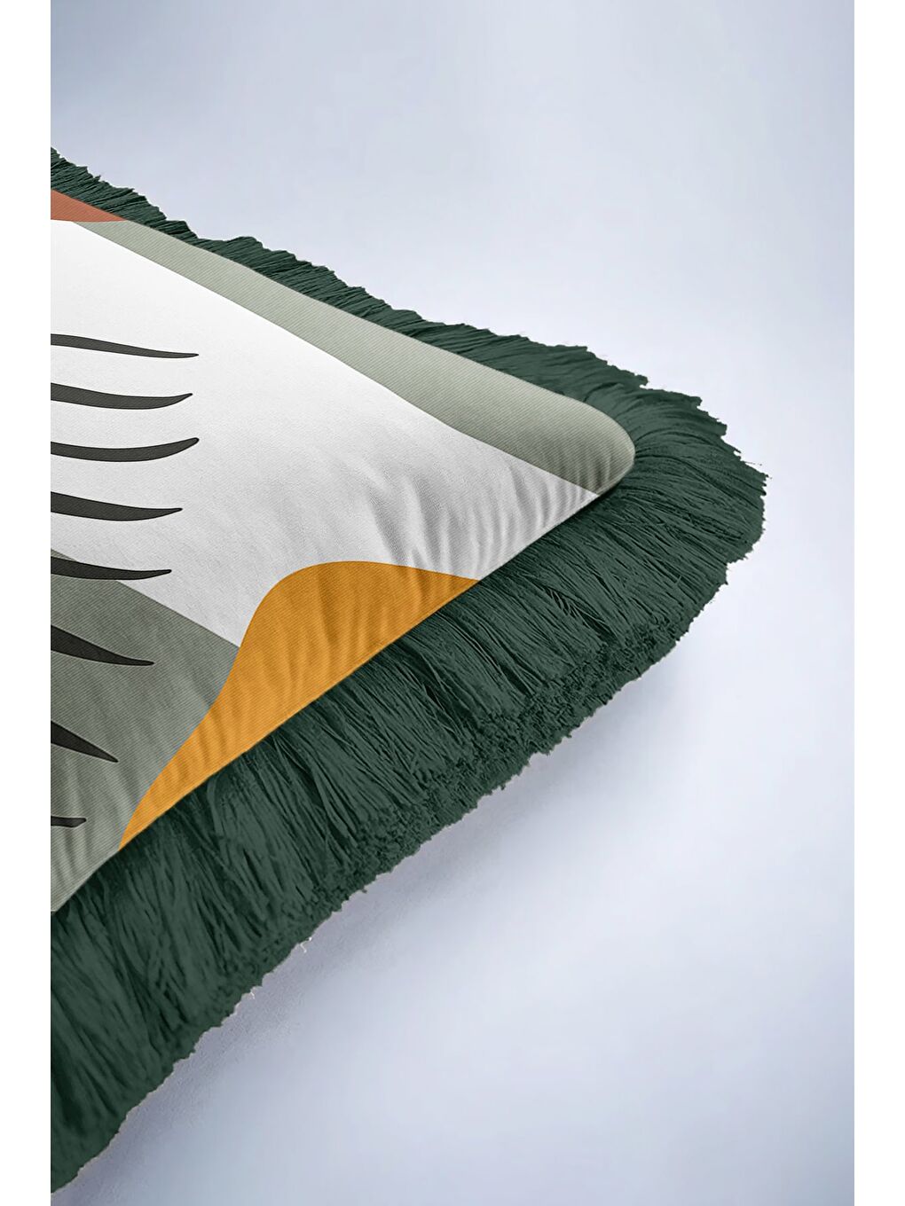 Karışık Tropikal Yapraklı Saçaklı Yastık Kılıfı - Naturel Bohem Haki Hardal Yeşil Püsküllü Kırlent Kılıfı-6