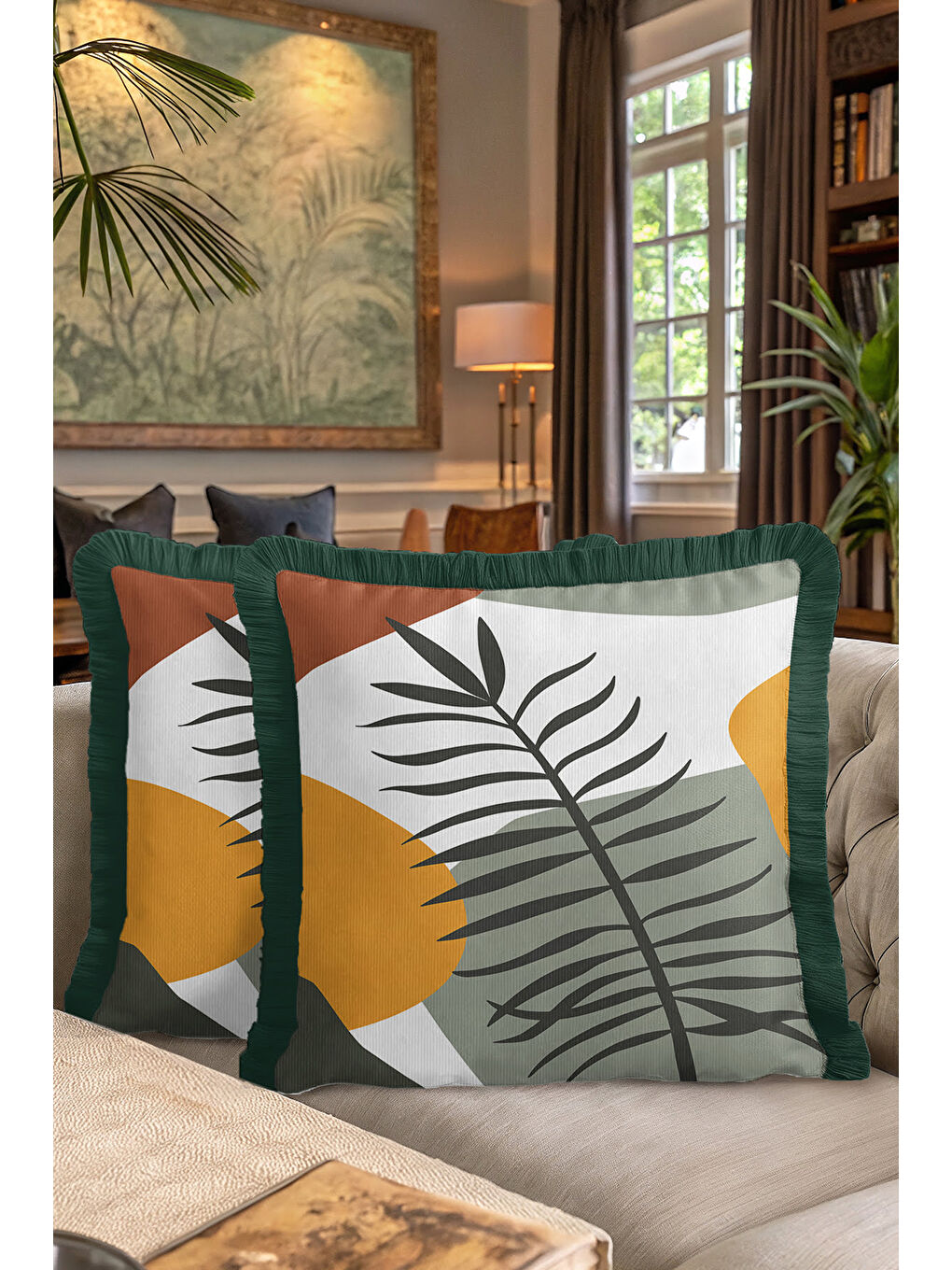 Karışık Tropikal Yapraklı Saçaklı Yastık Kılıfı - Naturel Bohem Haki Hardal Yeşil Püsküllü Kırlent Kılıfı-7