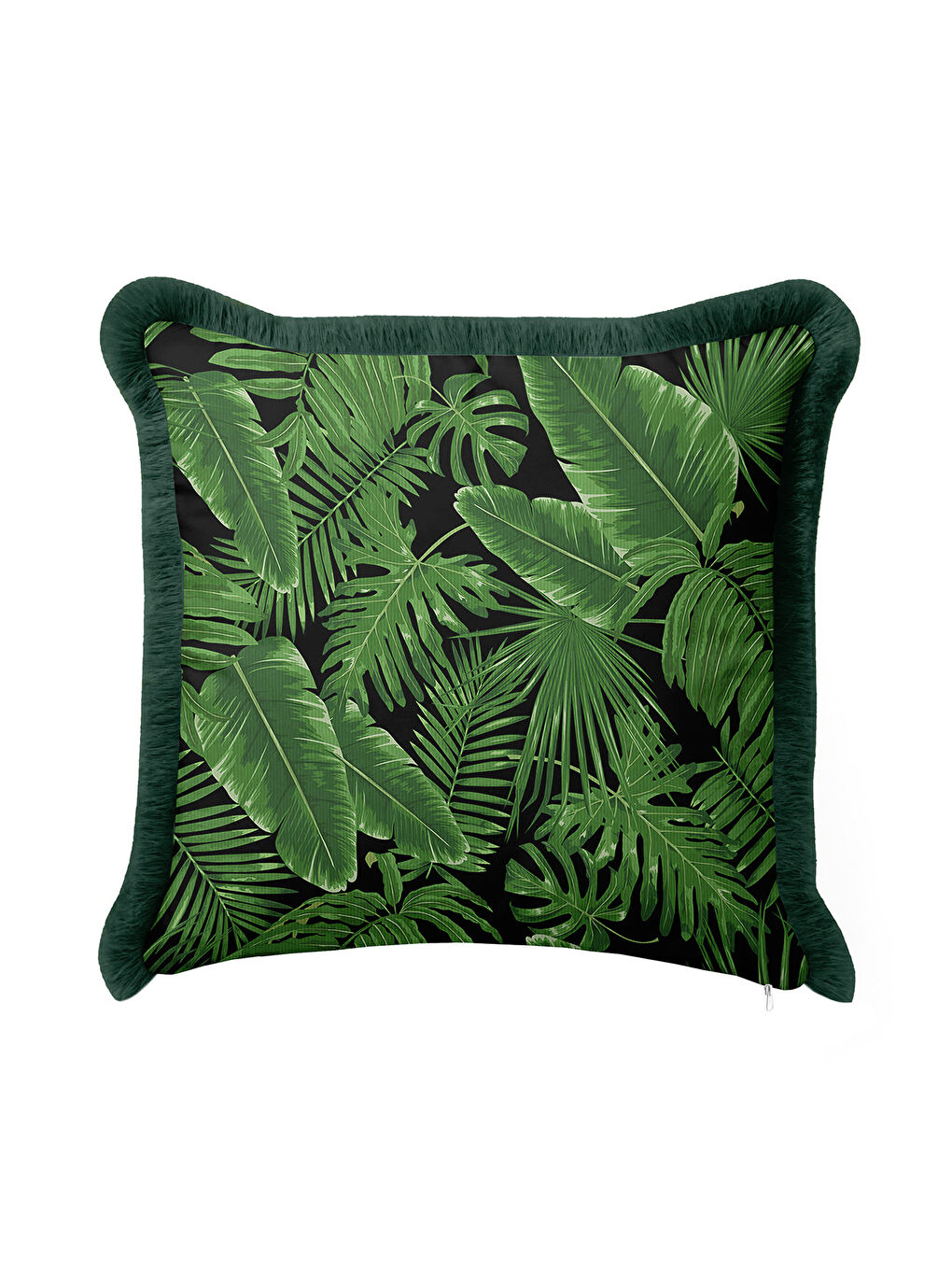 Karışık Tropikal Yapraklı Saçaklı Yastık Kılıfı - Yeşil Doğal Doku Bohem Siyah Püsküllü Kırlent Kılıfı
