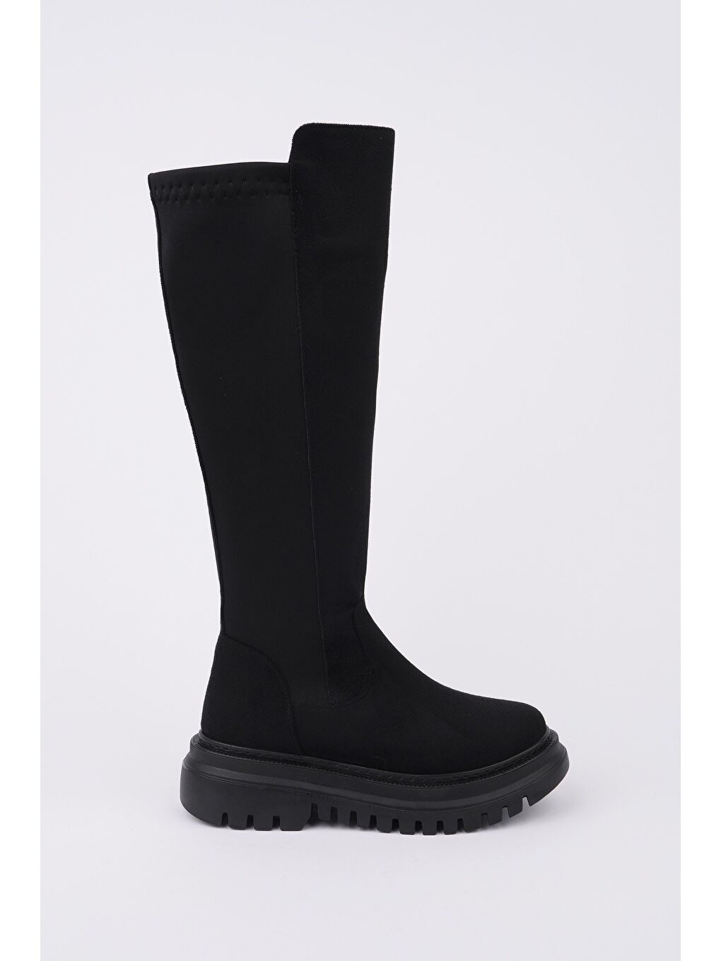 Siyah DİASA Süet Kalın Taban Streç Detaylı Fermuarlı Kadın Çizme-5