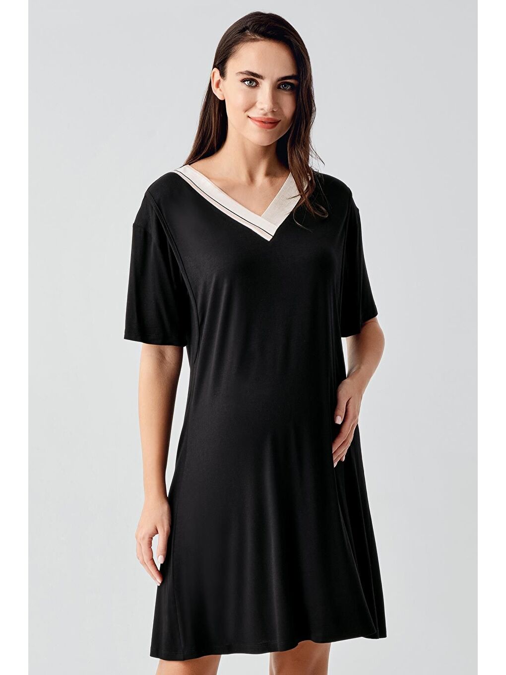 Siyah Kısa Kollu Çizgili Esnek Keten Efektli Viskoz Hamile Sabahlık Gecelik Takım 17402-3