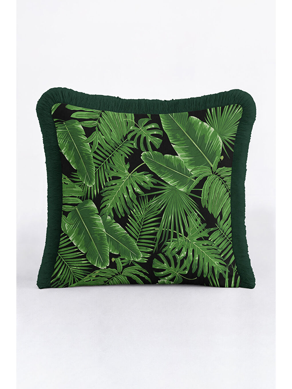 Karışık Tropikal Yapraklı Saçaklı Yastık Kılıfı - Yeşil Doğal Doku Bohem Siyah Püsküllü Kırlent Kılıfı-1