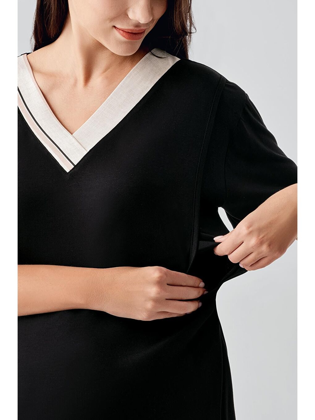 Siyah Kısa Kollu Çizgili Esnek Keten Efektli Viskoz Hamile Sabahlık Gecelik Takım 17402-6