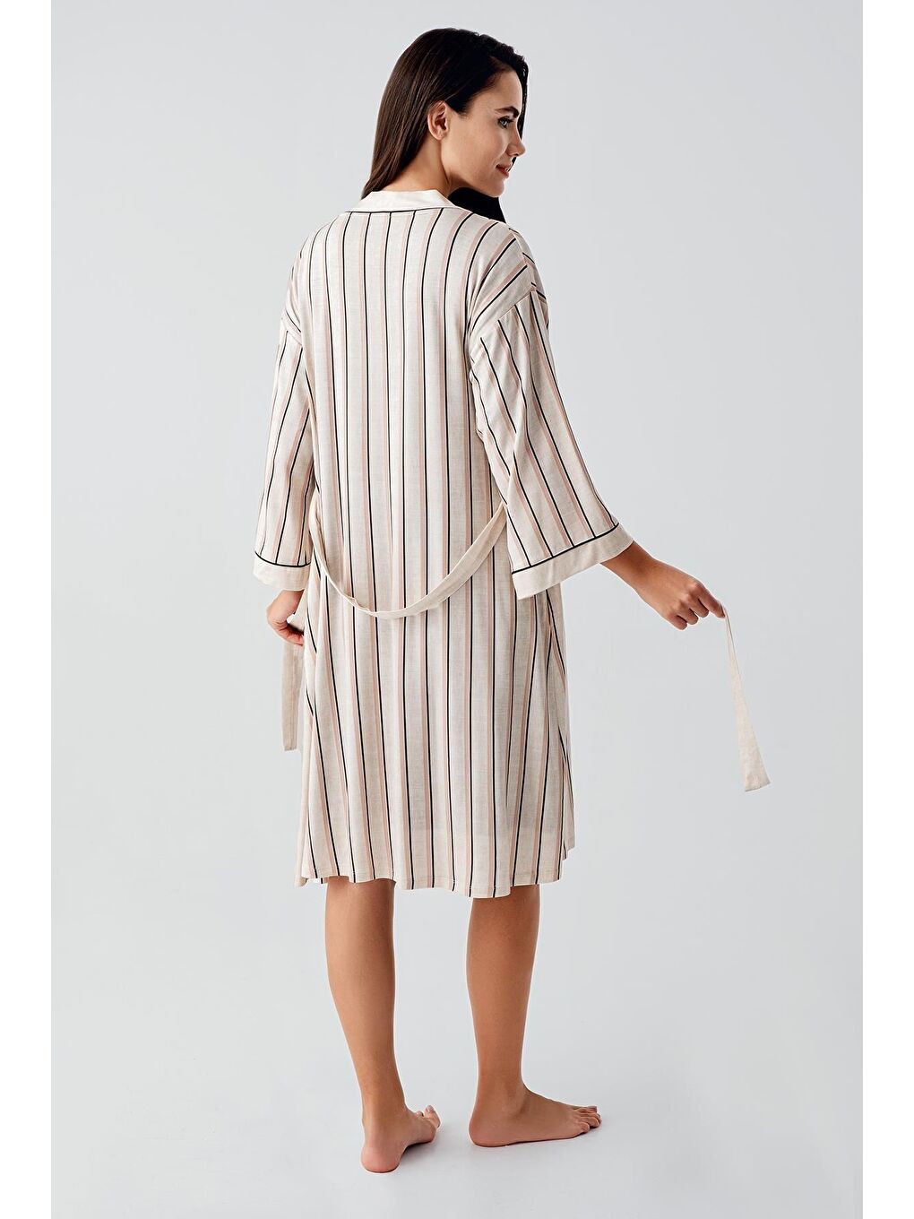 Siyah Kısa Kollu Çizgili Esnek Keten Efektli Viskoz Hamile Sabahlık Gecelik Takım 17402-7