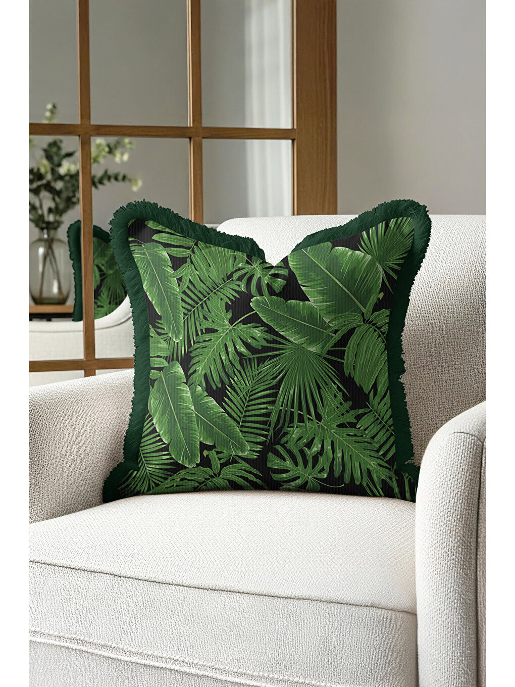 Karışık Tropikal Yapraklı Saçaklı Yastık Kılıfı - Yeşil Doğal Doku Bohem Siyah Püsküllü Kırlent Kılıfı-2