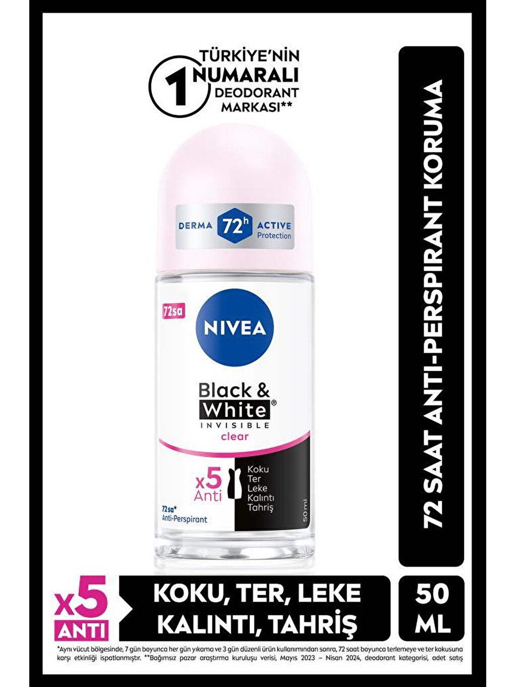 NIVEA Şeffaf Kadın Roll-on Deodorant Black&white Invisible Clear 50ml, 72 Saat Anti-perspirant Koruma