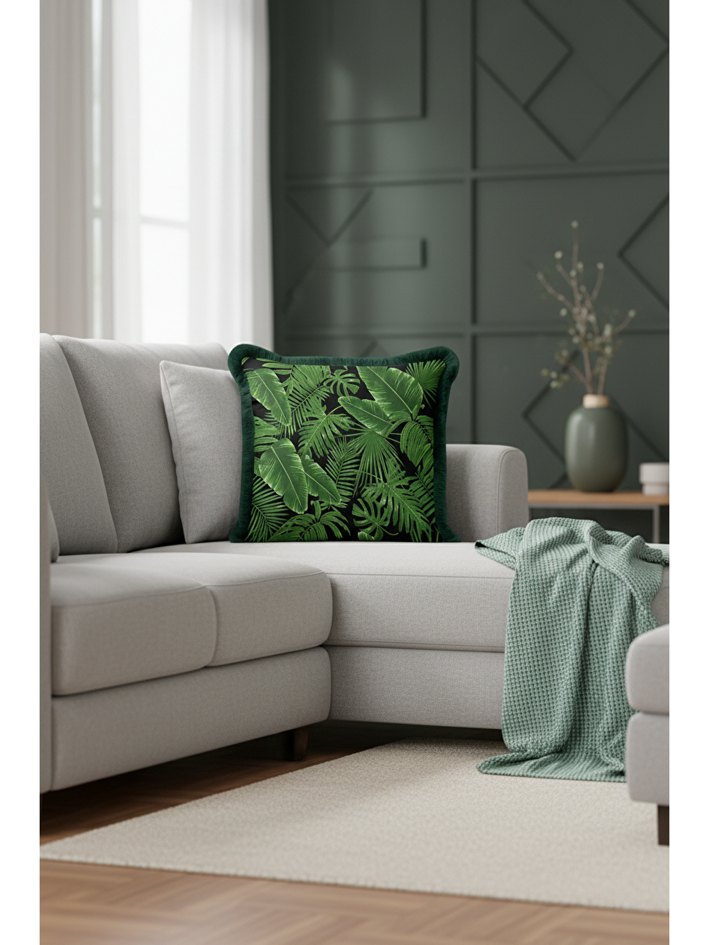 Karışık Tropikal Yapraklı Saçaklı Yastık Kılıfı - Yeşil Doğal Doku Bohem Siyah Püsküllü Kırlent Kılıfı-3