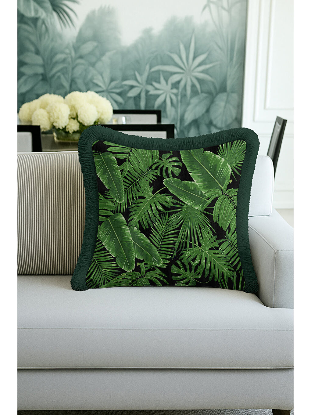 Karışık Tropikal Yapraklı Saçaklı Yastık Kılıfı - Yeşil Doğal Doku Bohem Siyah Püsküllü Kırlent Kılıfı-4