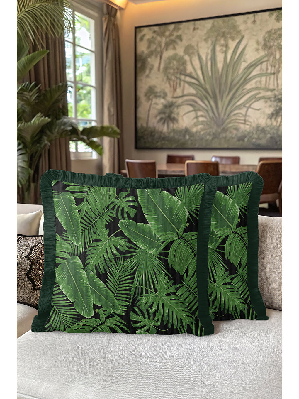 Karışık Tropikal Yapraklı Saçaklı Yastık Kılıfı - Yeşil Doğal Doku Bohem Siyah Püsküllü Kırlent Kılıfı-5