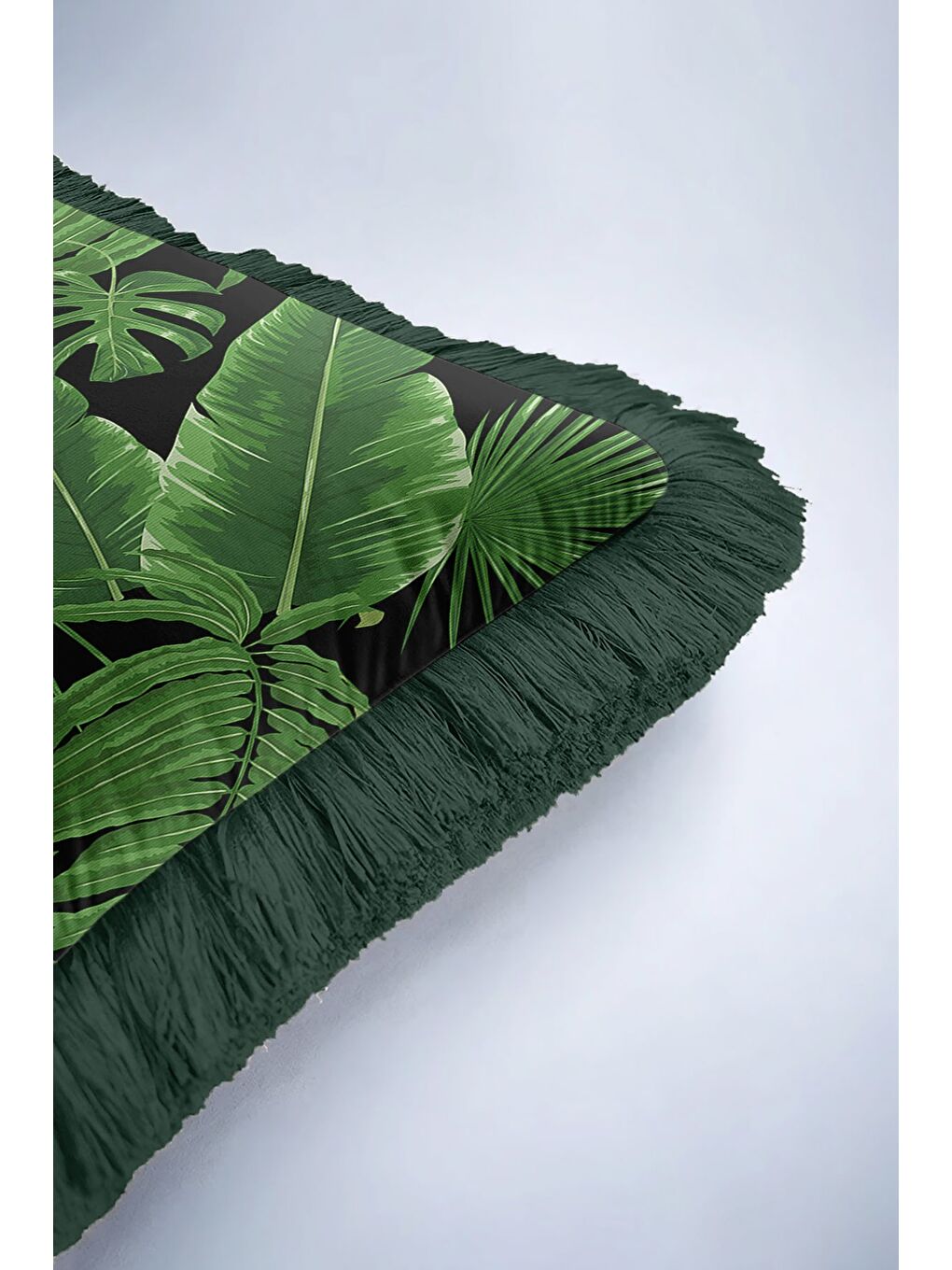 Karışık Tropikal Yapraklı Saçaklı Yastık Kılıfı - Yeşil Doğal Doku Bohem Siyah Püsküllü Kırlent Kılıfı-6