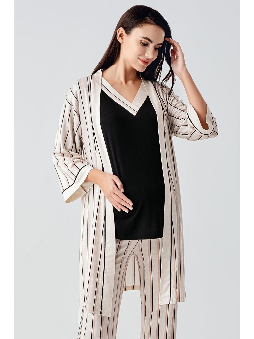 Siyah Kısa Kollu Çizgili Esnek Keten Efektli Viskoz Hamile Sabahlık Pijama Takım 17302-2