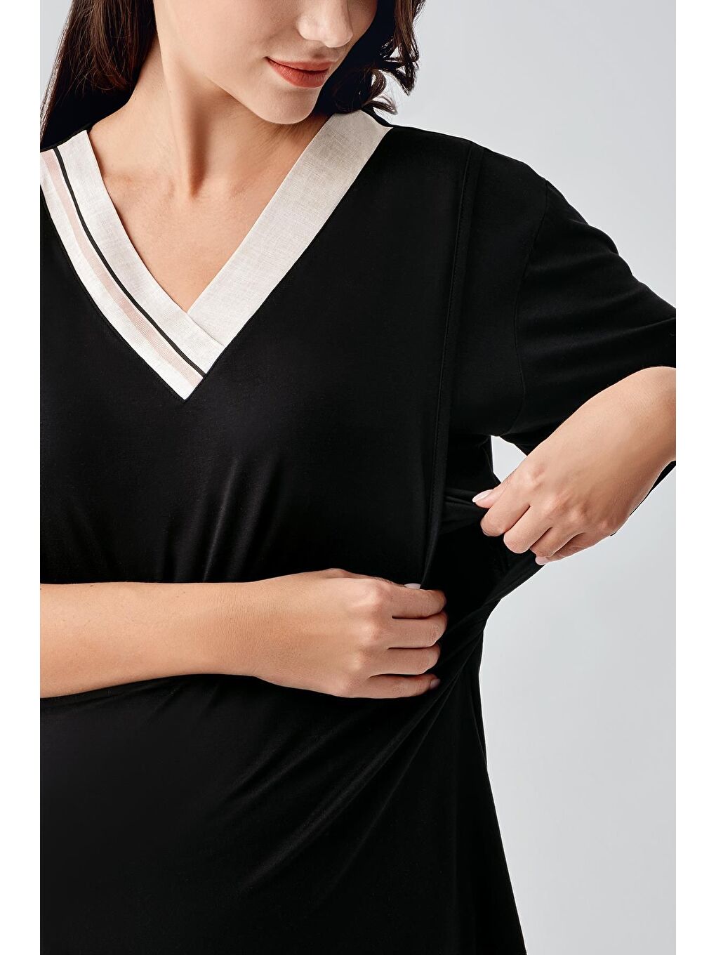 Siyah Kısa Kollu Çizgili Esnek Keten Efektli Viskoz Hamile Sabahlık Pijama Takım 17302-4