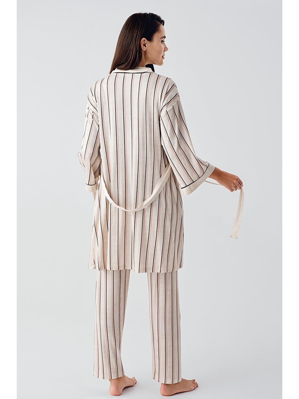 Siyah Kısa Kollu Çizgili Esnek Keten Efektli Viskoz Hamile Sabahlık Pijama Takım 17302-5