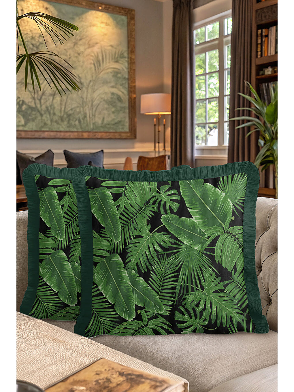 Karışık Tropikal Yapraklı Saçaklı Yastık Kılıfı - Yeşil Doğal Doku Bohem Siyah Püsküllü Kırlent Kılıfı-7