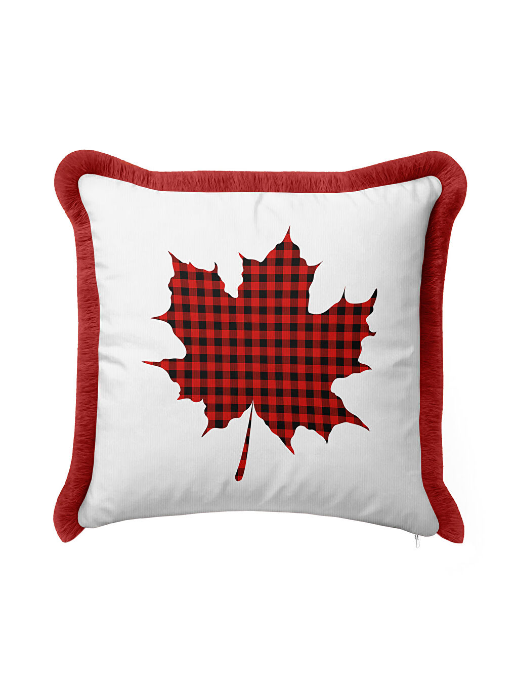 Karışık Kareli Yaprak Motifli Saçaklı Yastık Kılıfı - Klasik Rustik Kırmızı Ekose Püsküllü Kırlent Kılıfı