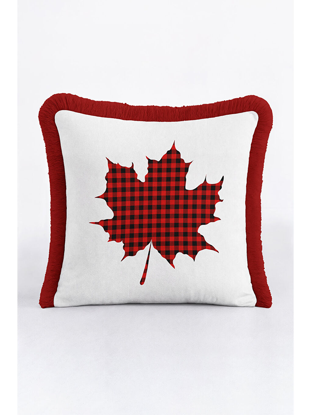 Karışık Kareli Yaprak Motifli Saçaklı Yastık Kılıfı - Klasik Rustik Kırmızı Ekose Püsküllü Kırlent Kılıfı-1