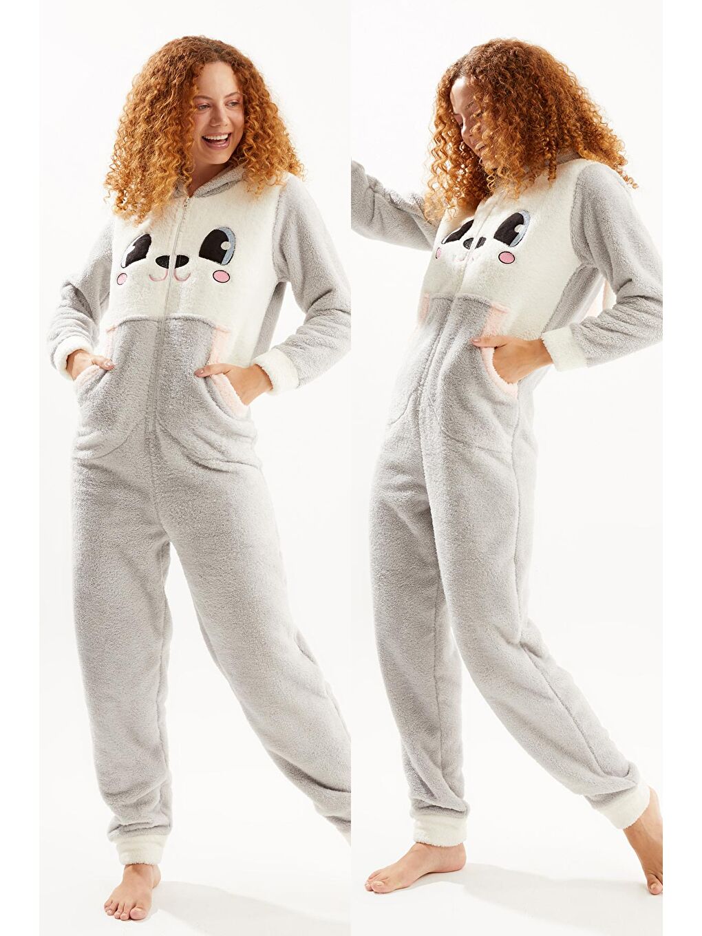 Ecrou Gri Kadın Gri Sevimli Tavşan Welsoft Polar Tulum Pijama Takımı - 4