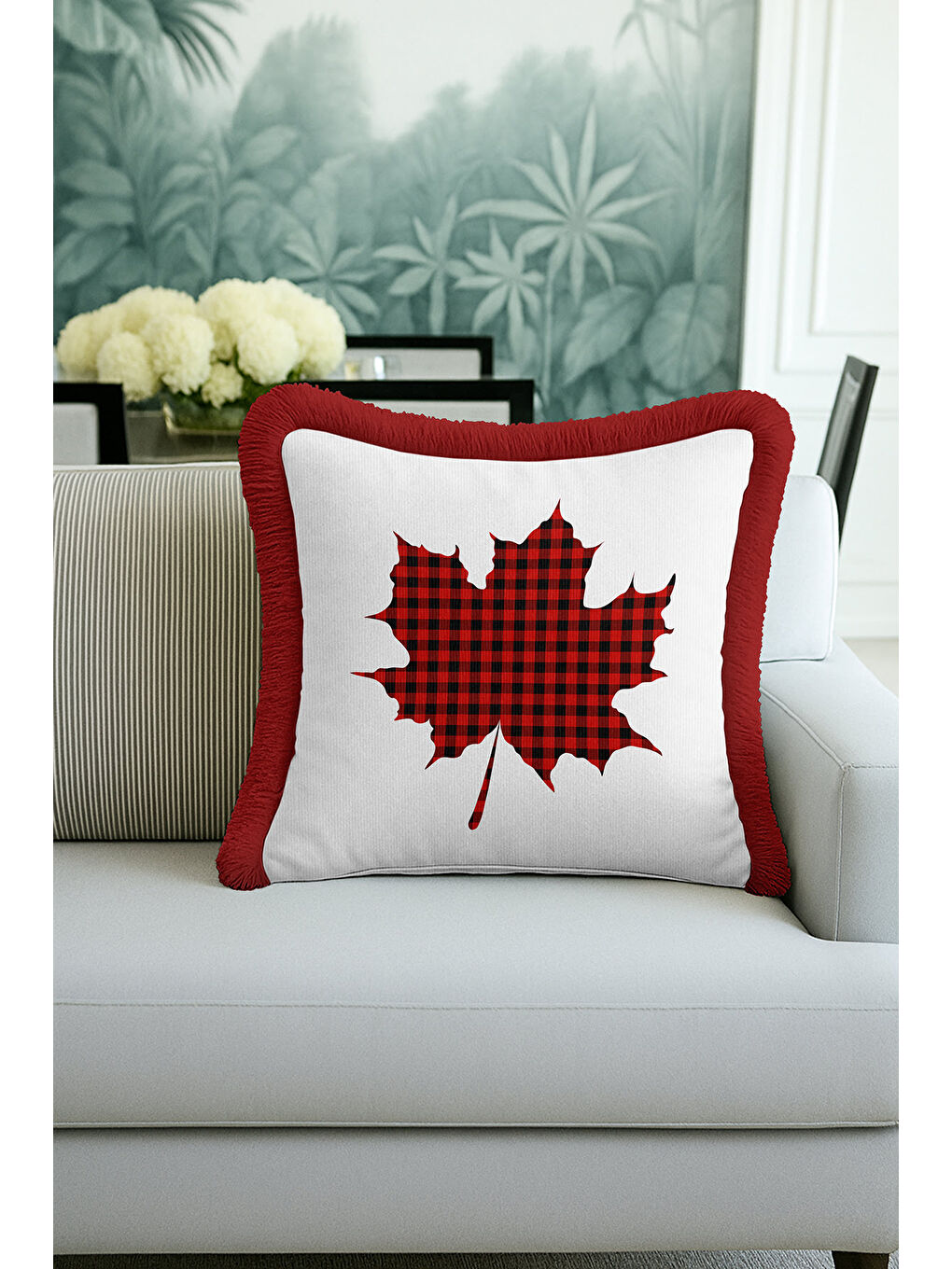 Karışık Kareli Yaprak Motifli Saçaklı Yastık Kılıfı - Klasik Rustik Kırmızı Ekose Püsküllü Kırlent Kılıfı-2