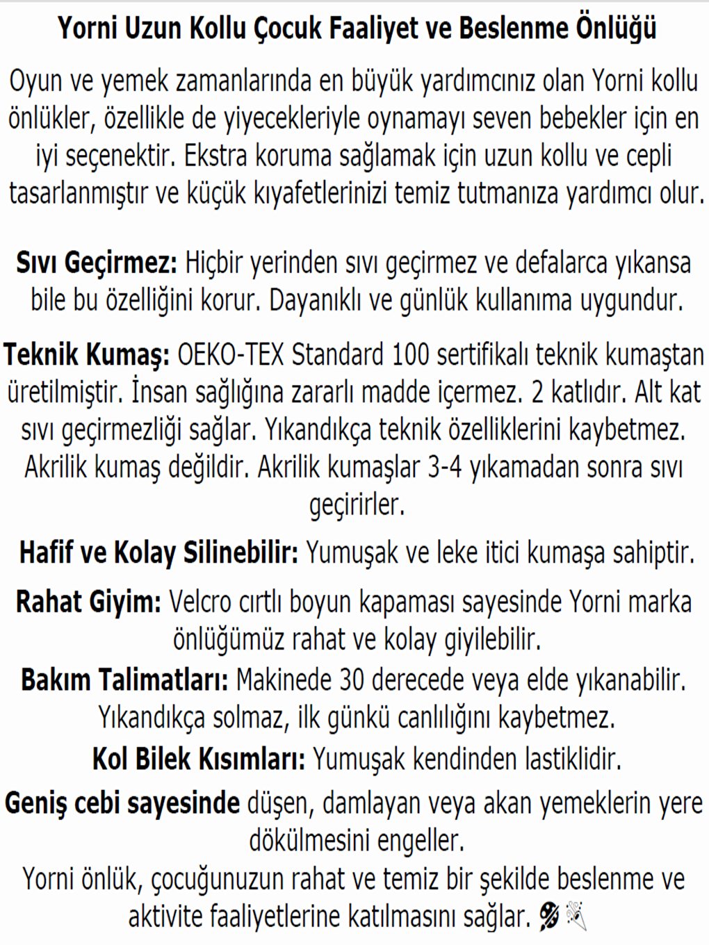 Yorni Beyaz 6-24ay, Famil Sıvı Geçirmez, Makinede Yıkanabilir, Cepli, Oeko-tex 100, Uzun Kollu Bebek Mama Önlüğü - 7