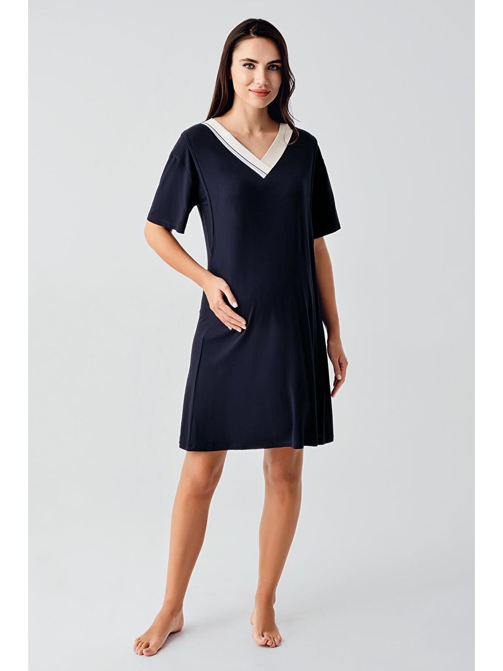 Lacivert Kısa Kollu Çizgili Esnek Keten Efektli Viskoz Hamile Sabahlık Gecelik Takım 17402-1