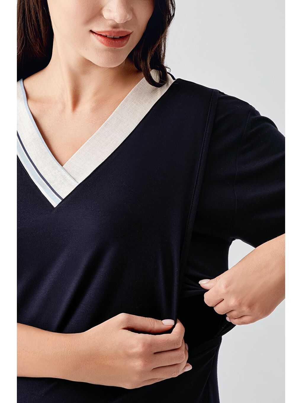 Lacivert Kısa Kollu Çizgili Esnek Keten Efektli Viskoz Hamile Sabahlık Gecelik Takım 17402-2