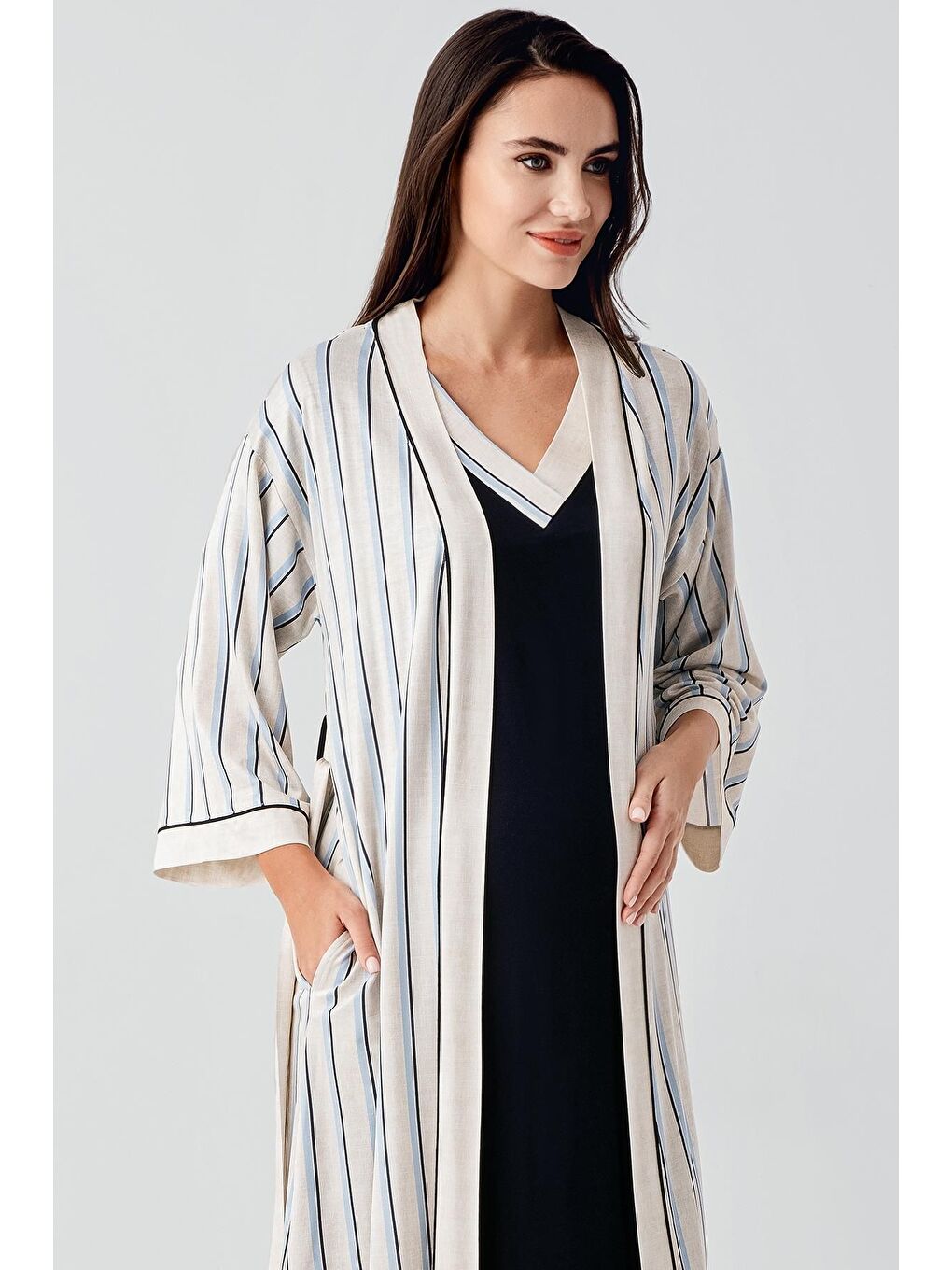 Lacivert Kısa Kollu Çizgili Esnek Keten Efektli Viskoz Hamile Sabahlık Gecelik Takım 17402-3