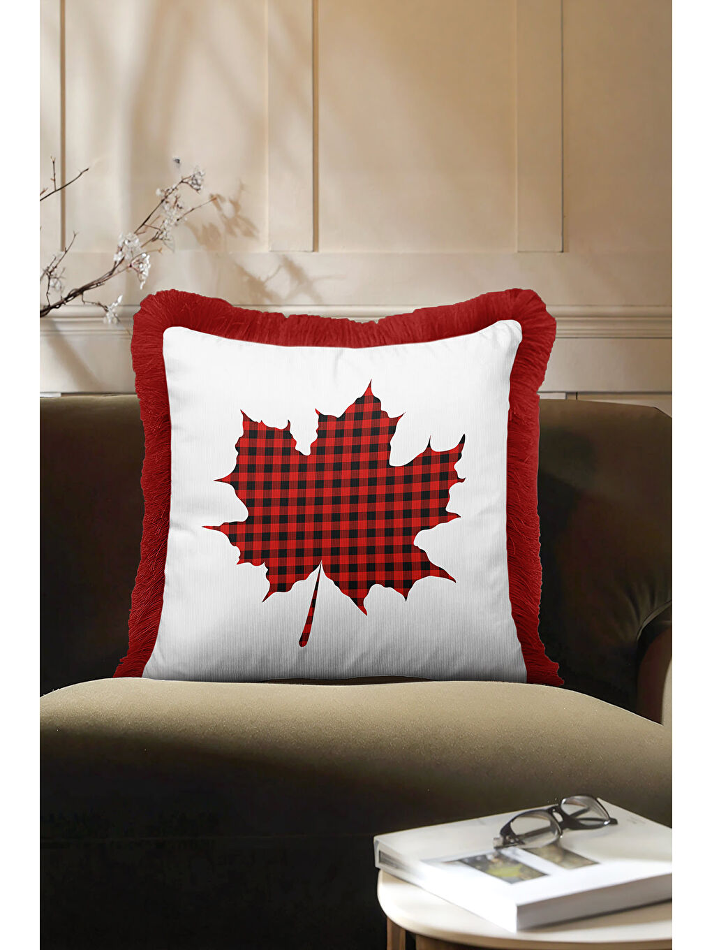 Karışık Kareli Yaprak Motifli Saçaklı Yastık Kılıfı - Klasik Rustik Kırmızı Ekose Püsküllü Kırlent Kılıfı-3