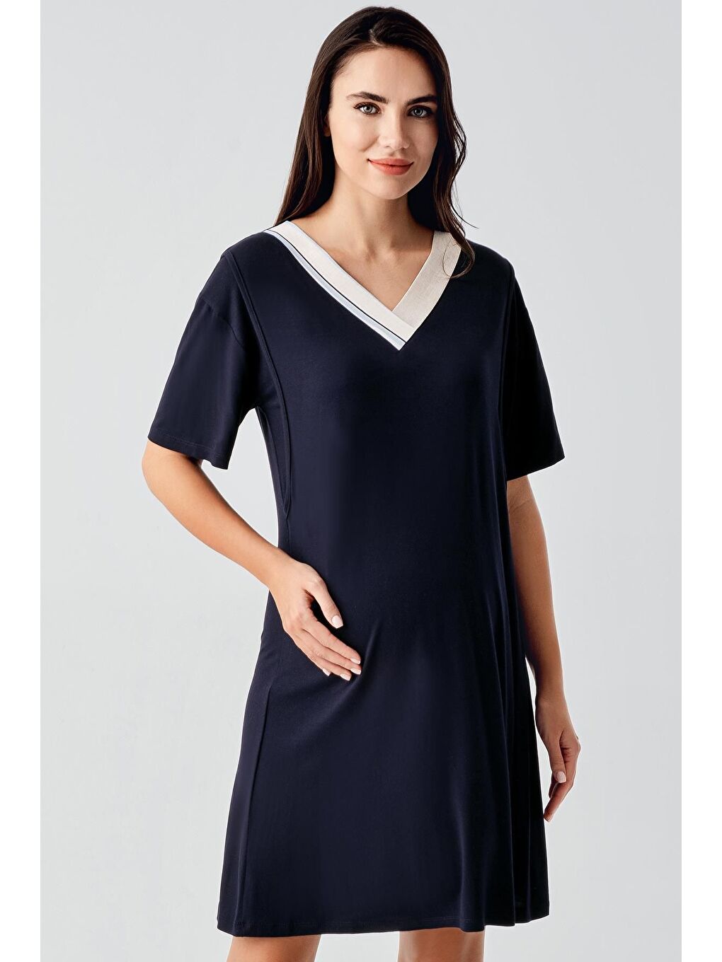 Lacivert Kısa Kollu Çizgili Esnek Keten Efektli Viskoz Hamile Sabahlık Gecelik Takım 17402-4