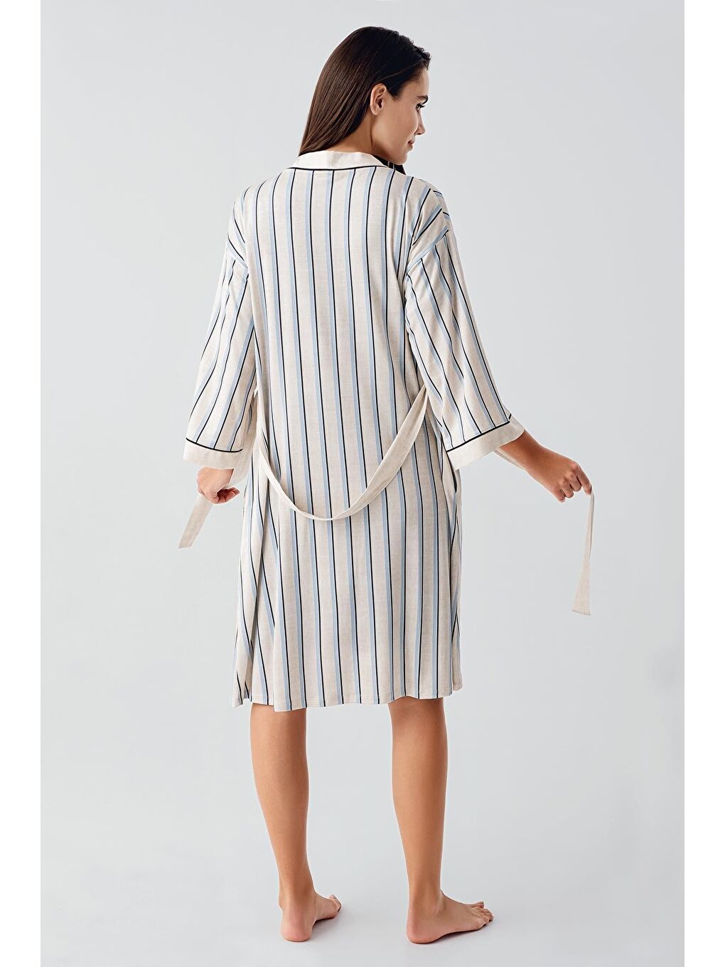 Lacivert Kısa Kollu Çizgili Esnek Keten Efektli Viskoz Hamile Sabahlık Gecelik Takım 17402-5