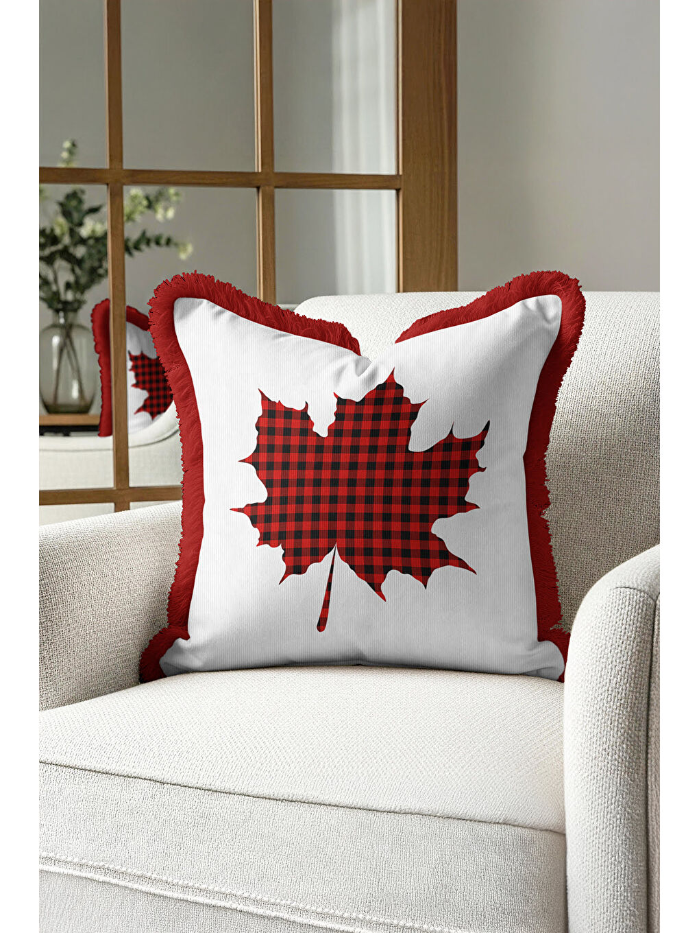 Karışık Kareli Yaprak Motifli Saçaklı Yastık Kılıfı - Klasik Rustik Kırmızı Ekose Püsküllü Kırlent Kılıfı-4