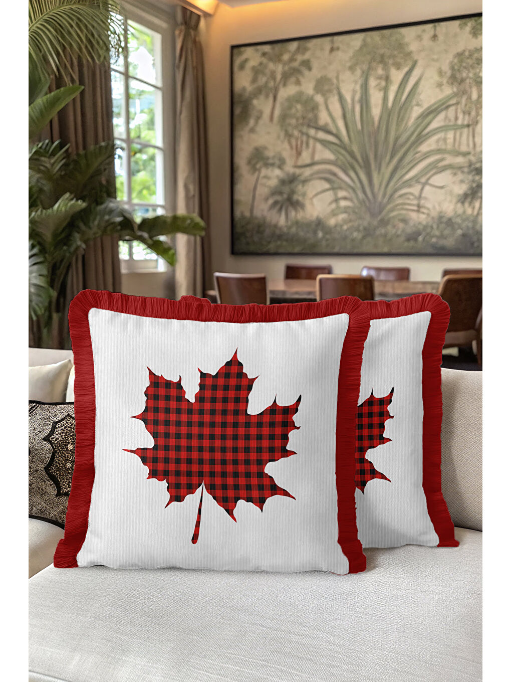 Karışık Kareli Yaprak Motifli Saçaklı Yastık Kılıfı - Klasik Rustik Kırmızı Ekose Püsküllü Kırlent Kılıfı-5