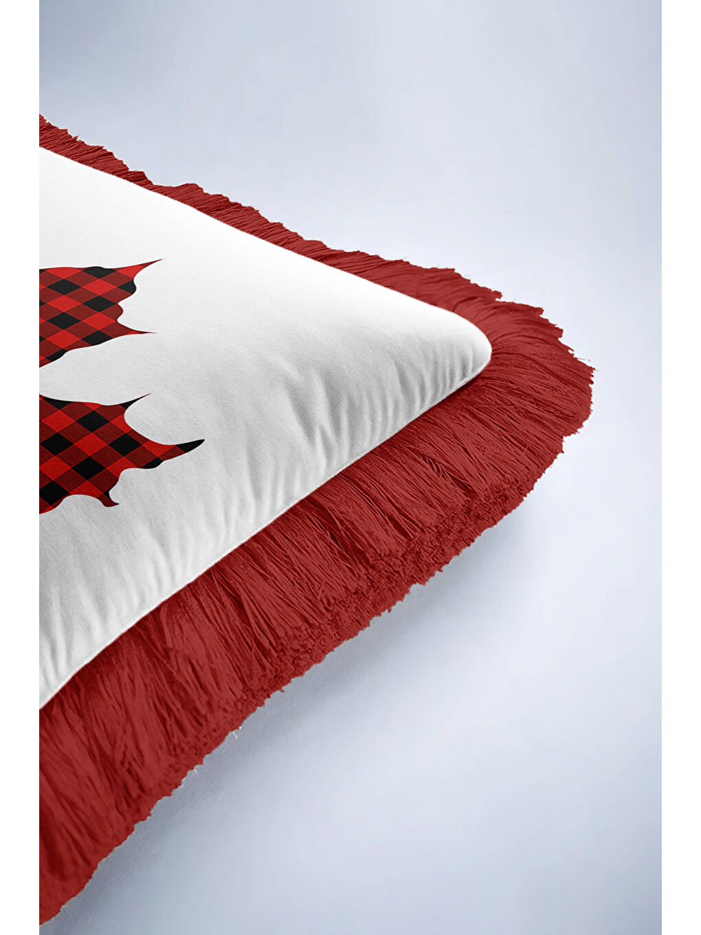 Karışık Kareli Yaprak Motifli Saçaklı Yastık Kılıfı - Klasik Rustik Kırmızı Ekose Püsküllü Kırlent Kılıfı-6