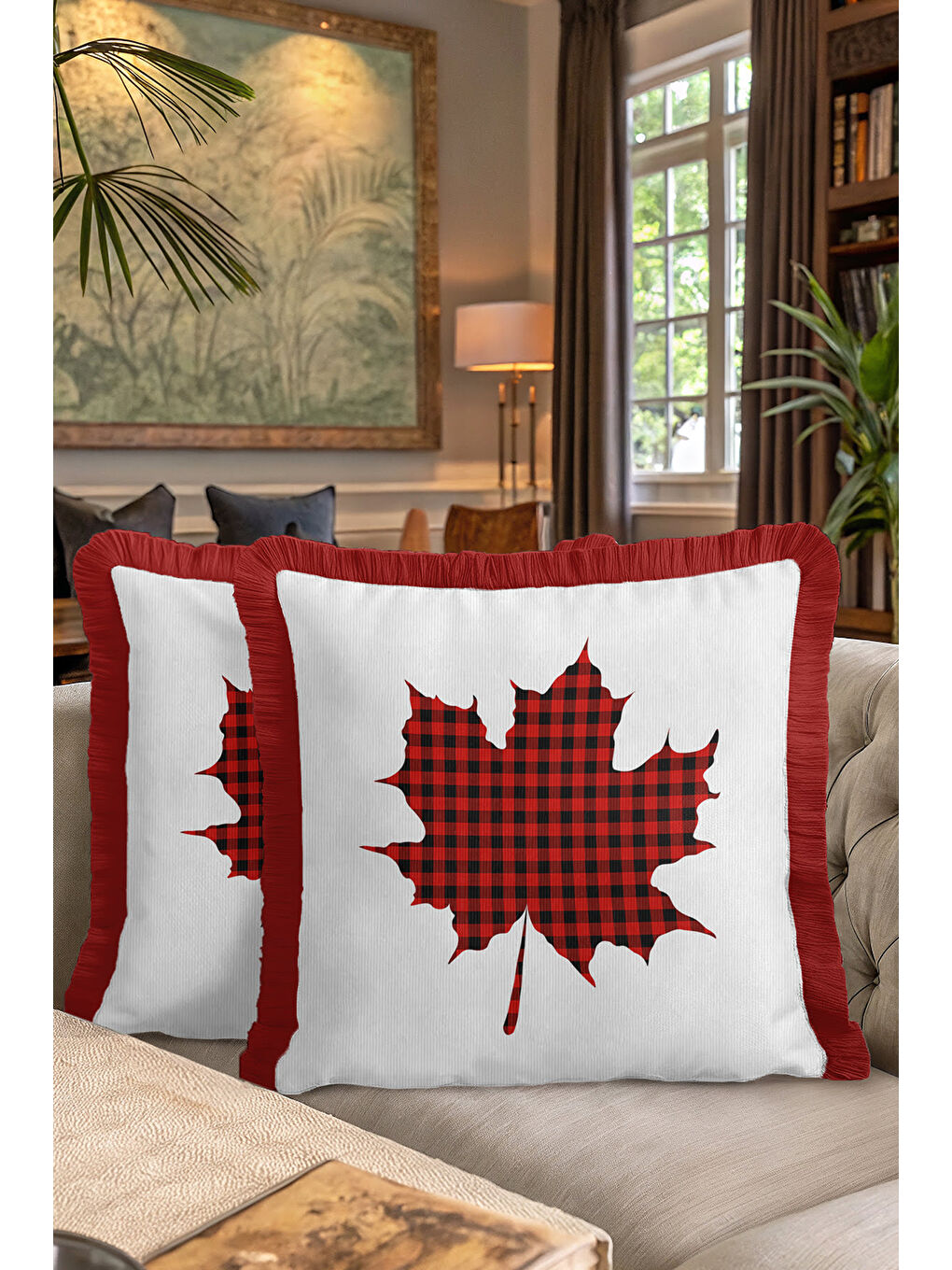 Karışık Kareli Yaprak Motifli Saçaklı Yastık Kılıfı - Klasik Rustik Kırmızı Ekose Püsküllü Kırlent Kılıfı-7