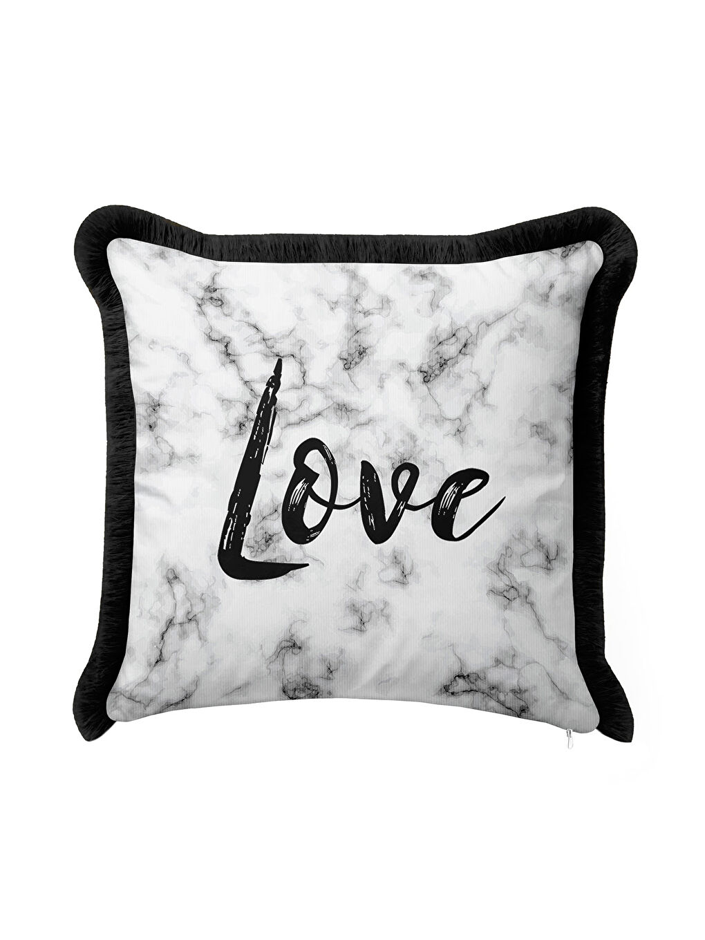 Karışık Mermer Efektli Saçaklı Yastık Kılıfı - Minimal Modern Siyah Beyaz Püsküllü Kırlent Kılıfı
