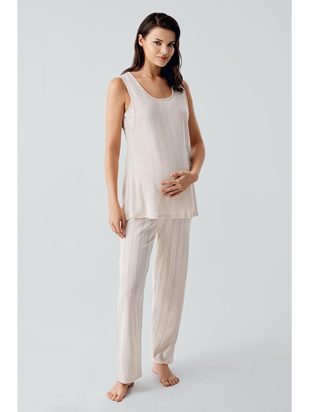 Bej Kalın Askılı Ajurlu Esnek Pamuklu Hamile Sabahlık Pijama Takım 17308-1