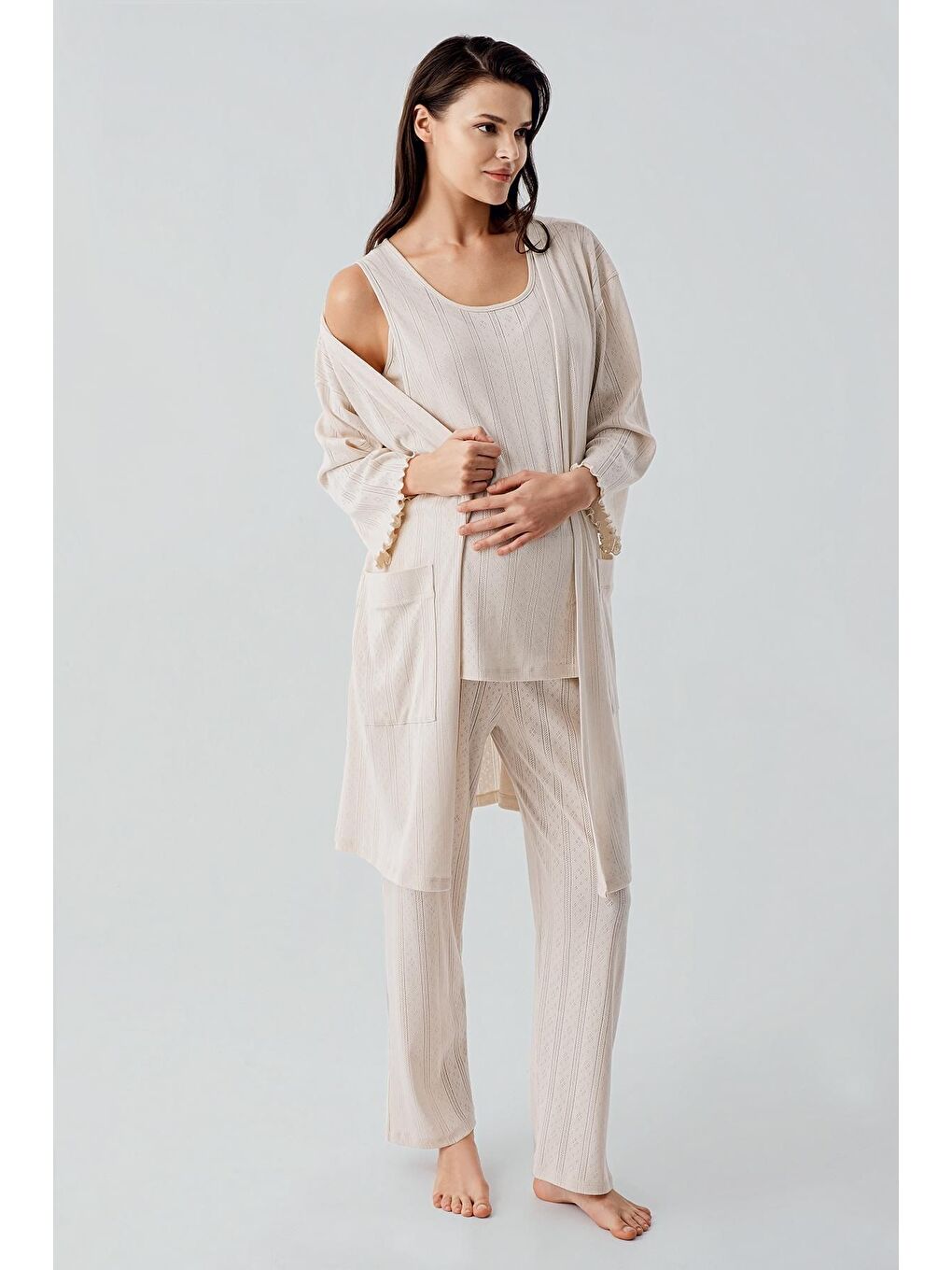 Bej Kalın Askılı Ajurlu Esnek Pamuklu Hamile Sabahlık Pijama Takım 17308-2