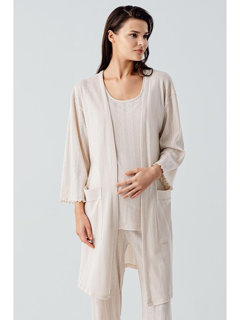 Bej Kalın Askılı Ajurlu Esnek Pamuklu Hamile Sabahlık Pijama Takım 17308-3