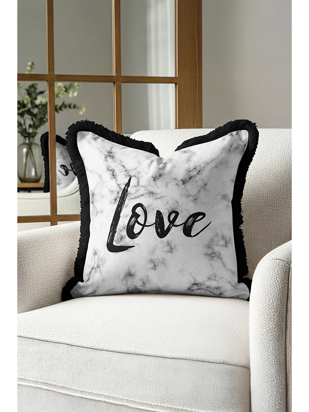 Karışık Mermer Efektli Saçaklı Yastık Kılıfı - Minimal Modern Siyah Beyaz Püsküllü Kırlent Kılıfı-1