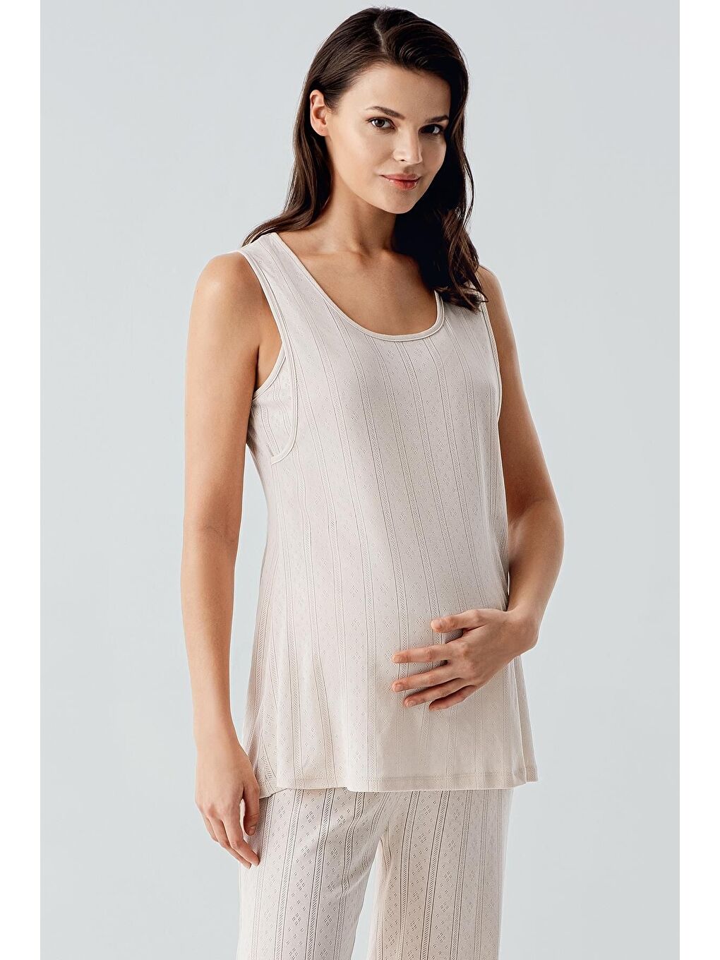 Bej Kalın Askılı Ajurlu Esnek Pamuklu Hamile Sabahlık Pijama Takım 17308-4