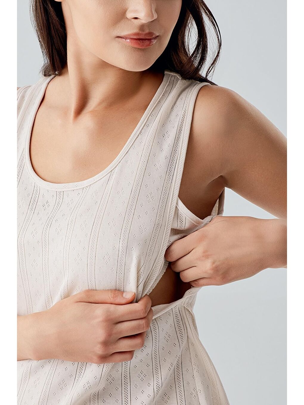 Bej Kalın Askılı Ajurlu Esnek Pamuklu Hamile Sabahlık Pijama Takım 17308-5