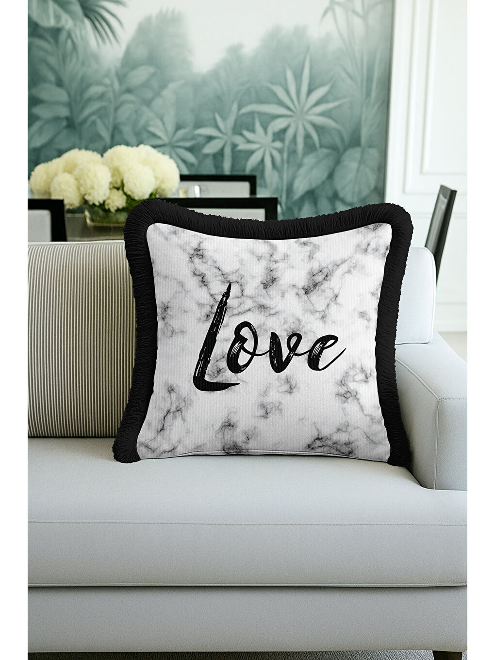 Karışık Mermer Efektli Saçaklı Yastık Kılıfı - Minimal Modern Siyah Beyaz Püsküllü Kırlent Kılıfı-2