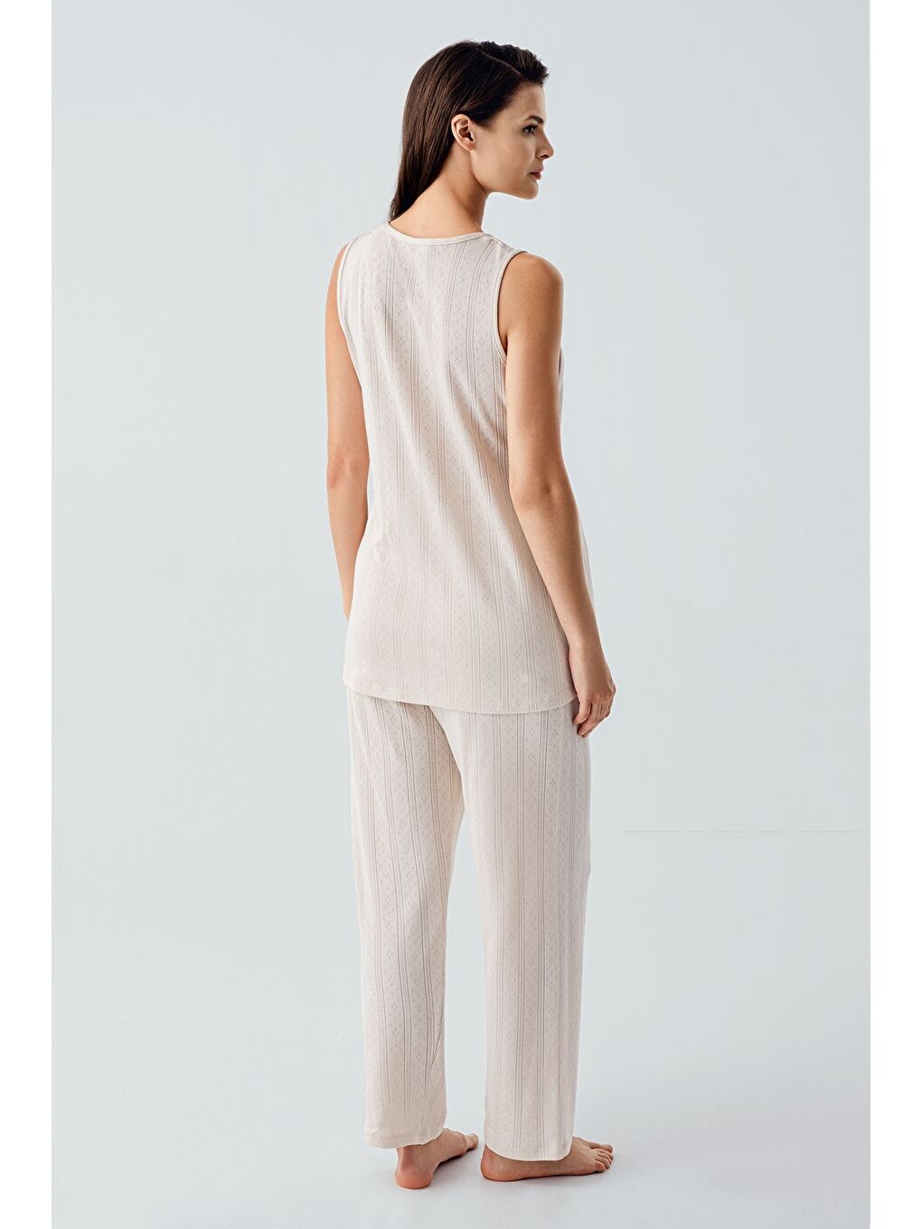 Bej Kalın Askılı Ajurlu Esnek Pamuklu Hamile Sabahlık Pijama Takım 17308-7