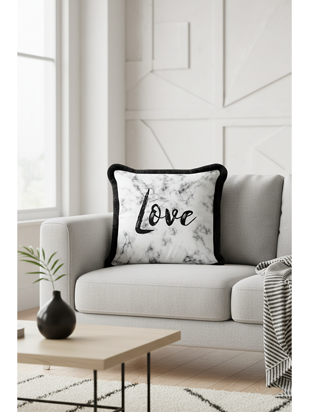 Karışık Mermer Efektli Saçaklı Yastık Kılıfı - Minimal Modern Siyah Beyaz Püsküllü Kırlent Kılıfı-3