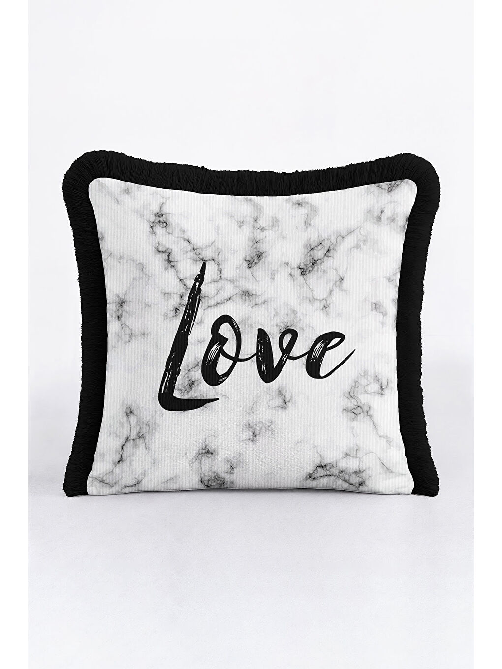 Karışık Mermer Efektli Saçaklı Yastık Kılıfı - Minimal Modern Siyah Beyaz Püsküllü Kırlent Kılıfı-4