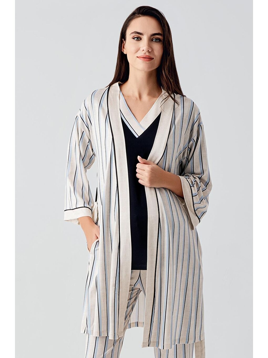 Artış Lacivert Kısa Kollu Çizgili Esnek Keten Efektli Viskoz Hamile Sabahlık Pijama Takım 17302 - 2