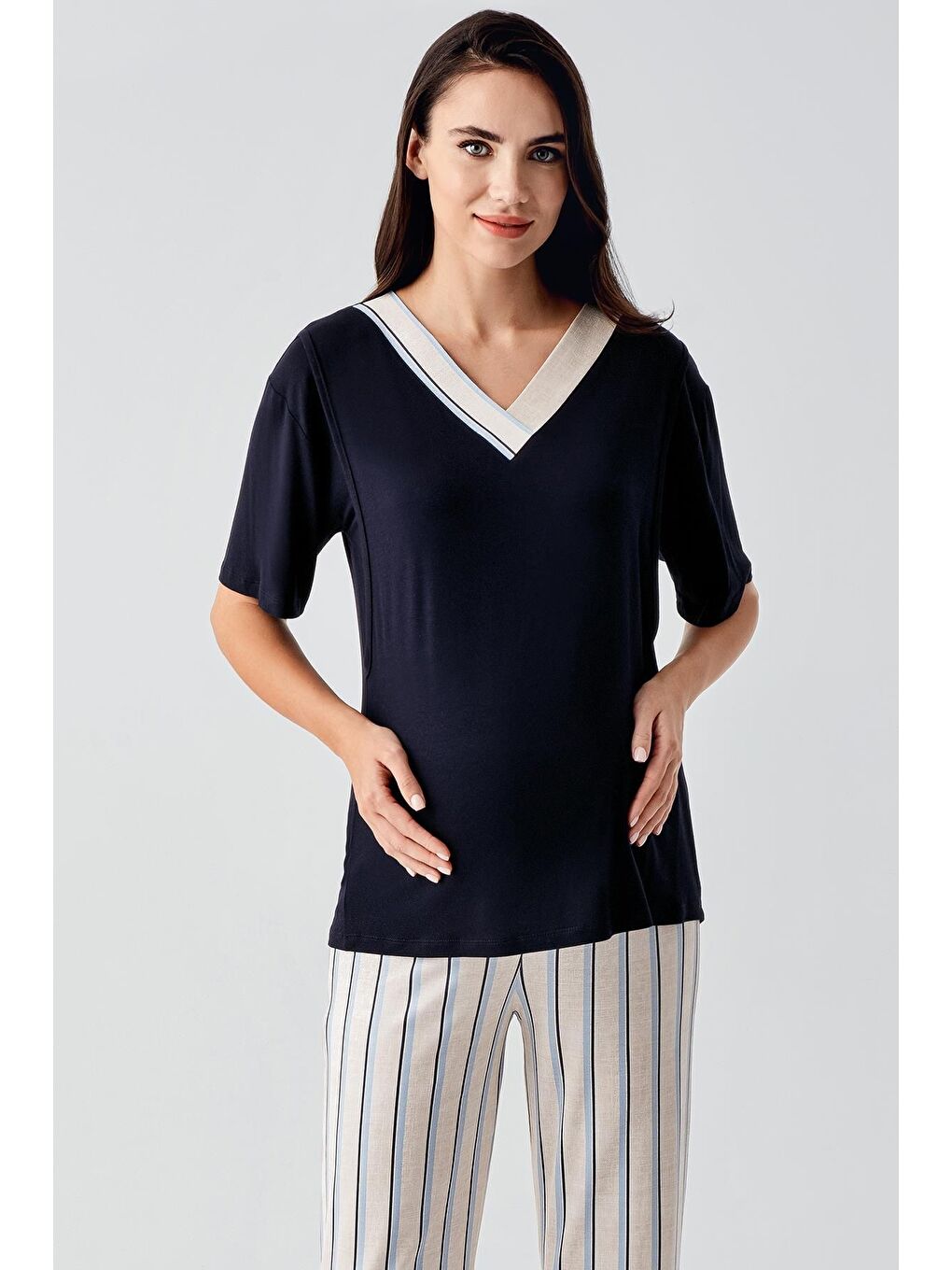 Artış Lacivert Kısa Kollu Çizgili Esnek Keten Efektli Viskoz Hamile Sabahlık Pijama Takım 17302 - 3