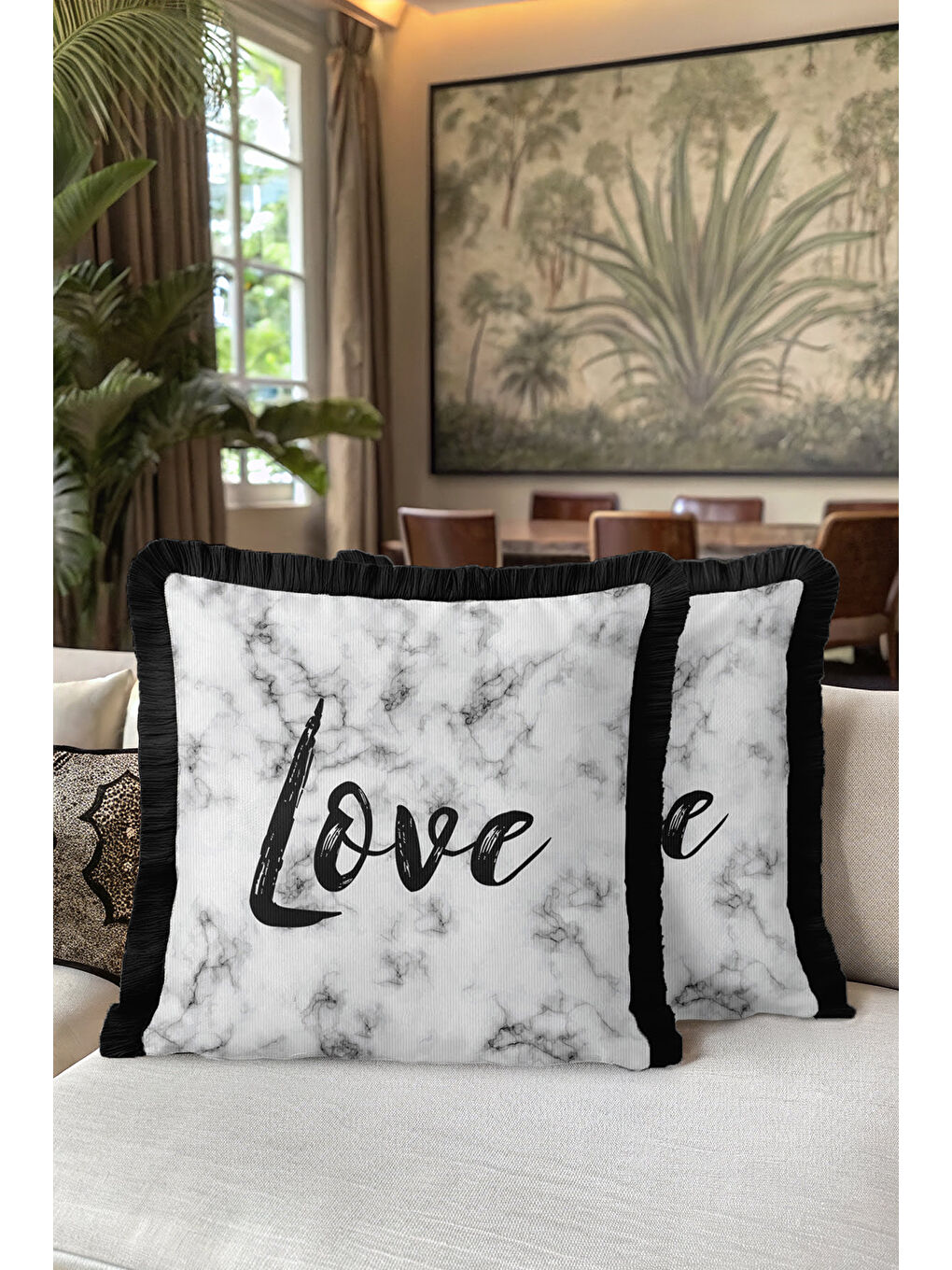 Karışık Mermer Efektli Saçaklı Yastık Kılıfı - Minimal Modern Siyah Beyaz Püsküllü Kırlent Kılıfı-5