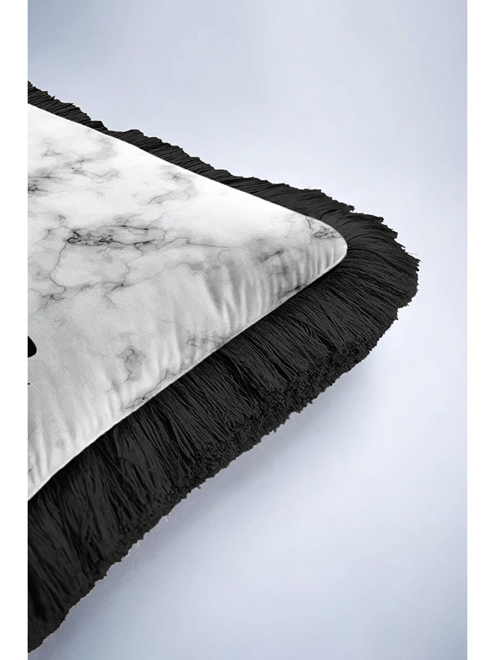 Karışık Mermer Efektli Saçaklı Yastık Kılıfı - Minimal Modern Siyah Beyaz Püsküllü Kırlent Kılıfı-6