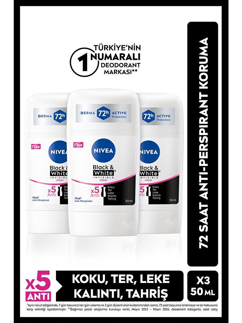 NIVEA Kadın Stick Deodorant Black&White Clear 50ml, 48 Saat Koruma, X3 Adet