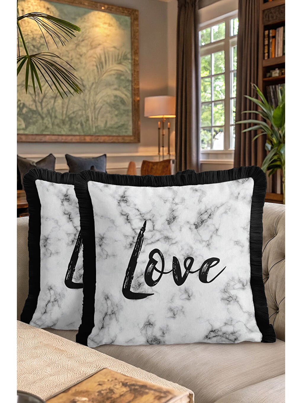 Karışık Mermer Efektli Saçaklı Yastık Kılıfı - Minimal Modern Siyah Beyaz Püsküllü Kırlent Kılıfı-7